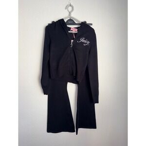 Juicy Couture Black knit Tracksuit Set Hoodie Pants Rhinestone Logo flare Small